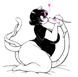 anthro belly big_breasts big_butt biped black_hair blush bottomless breasts butt clothed clothing curvy_figure duo ear_piercing entwined_tails eyes_closed eyeshadow eyewear female fur hair hat headgear headwear heart_symbol interspecies kiss_on_lips kissing kneeling lipstick makeup male overweight overweight_female piercing shirt side_view simple_background sitting sunglasses tail tail_coil thick_thighs topwear voluptuous white_background wide_hips outta_sync deltarune undertale_(series) catti_cattenheimer jockington_(deltarune) domestic_cat felid feline felis mammal reptile scalie snake 2019 digital_media_(artwork) sketch source_request