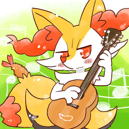 :3 acoustic_guitar ambiguous_anthro ambiguous_gender anthro blush food front_view green_background guitar holding_guitar holding_musical_instrument holding_object looking_at_viewer musical_instrument musical_note musical_symbol plucked_string_instrument shrimp_(food) simple_background snout solo standing string_instrument symbol annyui0611 nintendo pokemon braixen canid generation_6_pokemon mammal pokemon_(species) 1:1 2022 digital_drawing_(artwork) digital_media_(artwork) half-length_portrait hi_res japanese_description portrait translated_description