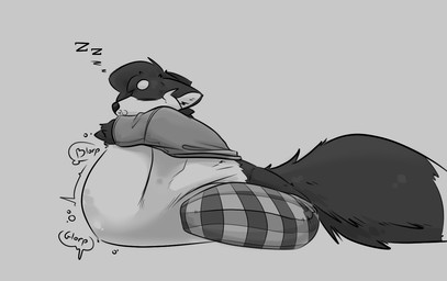 abdominal_bulge ambiguous_gender ambiguous_prey anthro belly big_belly blorp body_outline circle_eyebrows clothing endosoma eyebrows eyes_closed femboy fluffy fluffy_tail fur glorp head_in_arms lying male multicolored_body multicolored_fur neck_tuft on_front pajama_bottoms pajama_pants prey_outline rumbling_stomach safe_vore shirt sitting sitting_on_ground sleeping sleeping_on_another solo tail topwear tuft vore gurglegluts nate_(natethehusky) canid canine canis domestic_dog husky mammal nordic_sled_dog spitz greyscale monochrome