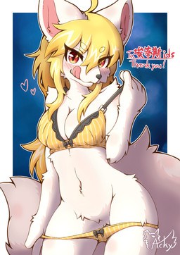 anthro big_tail bikini blonde_hair blue_background bra clothing clothing_pull eyebrow_through_hair eyebrows female fluffy fluffy_tail hair licking long_hair panties panty_pull pulling_down_panties red_eyes simple_background solo swimwear tail tongue translucent translucent_hair two-piece_swimsuit underwear underwear_pull white_body white_ears white_tail yellow_bikini yellow_bra yellow_clothing yellow_panties yellow_swimwear yellow_underwear acky05 ids_(user) ace_heart_(ids) canid canine canis mammal wolf hi_res