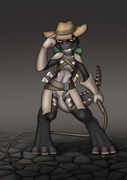 ambiguous_gender animal_genitalia anthro backpack belt clenched_teeth clothing digitigrade genital_slit genitals gloves handwear hat headgear headwear holding_object holding_whip leg_armor looking_at_viewer melee_weapon shoulder_guards simple_background solo standing sword teeth weapon whip danaume kobold scalie hi_res male_(lore)