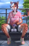 anthro balls bench big_balls big_penis black_bottomwear black_clothing black_shorts blush bodily_fluids bottomwear bracelet brown_body brown_fur brown_hair clothed clothing condom condom_wrapper countershade_legs countershade_neck countershading dialogue ear_piercing earbuds electronics erection fangs femboy fingerless_(marking) fingers footwear foreskin fur genitals glans hair headphones highlights_(coloring) huge_penis humanoid_genitalia humanoid_penis industrial_piercing jewelry long_penis looking_at_viewer male markings necklace open_mouth orange_body orange_eyes orange_fur outside owo partially_clothed partially_retracted_foreskin penis piercing pink_clothing pink_foreskin pink_glans pink_penis pink_shirt pink_topwear plant public public_erection saggy_balls sexual_barrier_device shirt shoes shorts sitting sneakers socks solo striped_markings striped_tail stripes sweat sweaty_balls sweaty_genitalia tail tail_markings talking_to_viewer teeth text text_on_clothing text_on_shirt text_on_t-shirt text_on_topwear thick_penis thick_thighs topwear tree triforce urethra white_balls white_body white_countershading white_fur white_hair amawdz conditional_dnp nintendo the_legend_of_zelda quinn_(amawdz) felid mammal absurd_res english_text hi_res