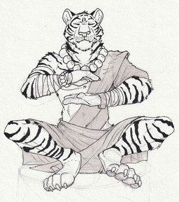 anthro athletic athletic_anthro athletic_male claws clothed clothing eyes_closed fangs finger_claws front_view fur male male_anthro mouth_closed pawpads sitting solo striped_arms striped_body striped_fur striped_legs stripes teeth toe_claws hufnaar felid mammal pantherine tiger hi_res monochrome sketch