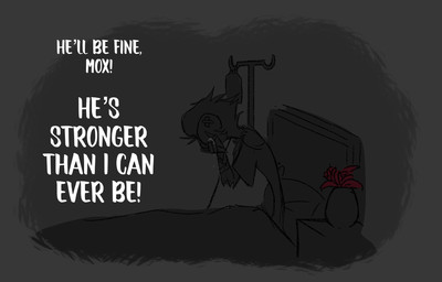anthro bed bodily_fluids crying dialogue flower furniture grey_background hair hospital iv_bag male on_bed plant short_hair simple_background sitting solo tears text white_text teathekook hellaverse helluva_boss stolas_(helluva_boss) avian bird owl owl_demon english_text hi_res