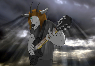 5_fingers anthro beard biped black_horn black_nose brown_hair clothed clothing cloud electric_guitar facial_hair fingers fur green_eyes grey_clothing grey_shirt grey_topwear guitar hair horn light light_beam long_ears long_hair male musical_instrument outside photo_background playing_guitar playing_music plucked_string_instrument shirt sky skyscape solo standing straps string_instrument sunbeam sunlight topwear white_body white_skin 4gamereapers cybermarine cyberslade washburn_guitars washburn_wi14 bovid caprine goat mammal half-length_portrait photography_(artwork) portrait