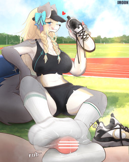 anthro asymmetrical_footwear barefoot blonde_hair blue_eyes blue_sky blush bodily_fluids bow_ribbon breasts claws clothing cloud dirty dirty_clothing dirty_socks duo feet female first_person_view foot_fetish foot_focus foot_play footjob footwear genitals grass hair heart_symbol human_on_anthro human_pov interspecies male male/female musk musky_feet nails pawpads paws penis plant plantigrade sex shoes sky smelly smelly_feet smelly_socks sock_fetish sockjob socks soles steamy_feet sweat sweaty_feet tail toes tongue two-footed_footjob white_clothing white_footwear white_socks yimoon640 canid canine canis human mammal wolf hi_res