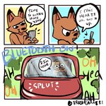 1:1 2020 anthro bee_(trashcamell) black_eyes black_nose canid canine canis car comic dialogue digital_media_(artwork) dipstick_ears domestic_dog driving duo ear_markings electronics english_text fox holding_object holding_phone humor inside_car male mammal multicolored_ears nonbinary_(lore) phone sound_effects soy_(trashcamell) speech_bubble text tongue tongue_out trashcamell vehicle
