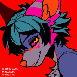 ambiguous_gender anthro bedroom_eyes bioluminescence blue_body blue_fur cheek_tuft facial_tuft fur glowing glowing_eyes goo_hair hair hard_shadows heterochromia looking_at_viewer narrowed_eyes orange_inner_ear orange_nose pop_art pseudo_hair seductive simple_background sketchy smile smirk solo teeth tuft tide_wolfia tide_wolfia_(character) canid canine canis mammal wolf 1:1