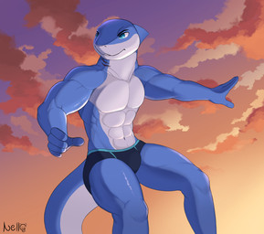 anthro briefs briefs_only clothed clothing male muscular muscular_anthro muscular_male solo sunset surfing swimming_trunks swimwear topless underwear underwear_only nello_the_tiger aquatic fish shark hi_res