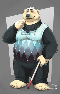 anthro belly big_belly black_nose blind blush bottomwear clothing disability eyewear glasses humanoid_hands kemono male overweight overweight_male pants solo sweater topwear crustonpie bear mammal polar_bear ursine 2022 absurd_res hi_res