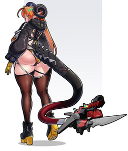 2_horns ahoge big_butt black_clothing black_footwear black_jacket black_shoes black_tail black_topwear blade blue_clothing blue_hat blue_headwear blush blush_lines brown_clothing brown_legwear brown_thigh_highs butt camel_toe clothing curled_horn duo female footwear glistening glistening_body glistening_skin gloves green_eyes hair handwear hat headgear headwear high_heels hood hood_down horn humanoid_pointy_ears jacket legwear living_tail long_ears long_hair long_sleeves long_tail looking_at_another looking_at_viewer looking_back looking_back_at_viewer not_furry orange_hair pointy_ears rear_view red_tail shoes simple_background skindentation tail thick_thighs thigh_highs topwear unusual_anatomy unusual_tail white_background wide_hips yellow_clothing yellow_gloves yellow_handwear yellow_sclera mold_(pixiv6616319) mihoyo zenless_zone_zero magus_(zenless_zone_zero) orphie_magnusson chimera chimera_humanoid horned_humanoid humanoid tailed_humanoid 2026 3d_(artwork) absurd_res digital_drawing_(artwork) digital_media_(artwork) full-length_portrait hi_res mixed_media portrait