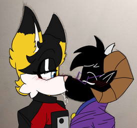 anthro black_bodily_fluids black_saliva blush bodily_fluids colored_saliva duo eyes_closed eyeshadow eyewear femboy glasses half-closed_eyes horn kiss_on_lips kissing looking_at_another makeup male narrowed_eyes saliva text unusual_bodily_fluids unusual_saliva justsomeidiotonline archie_comics sega sonic_the_hedgehog_(archie) sonic_the_hedgehog_(comics) sonic_the_hedgehog_(series) miles_prower_(anti-tails) purple_(justsomeidiotonline) bovid canid canine caprine fox mammal red_fox rocky_mountain_goat shadow_creature true_fox absurd_res hi_res