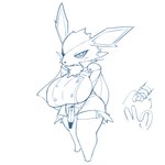 1:1 2022 3_fingers 3_toes anthro big_breasts blue_and_white blush breasts cape chest_tuft claws clothing cuff_links cute_fangs dress eeveelution eye_patch eyewear feet female fingers generation_1_pokemon gun handgun hi_res holding_object holding_weapon huge_breasts jolteon legwear looking_at_viewer monochrome nintendo obikuragetyan open_mouth pistol pokemon pokemon_(species) ranged_weapon sagging_breasts short_stack simple_background sketch solo thigh_highs toes tuft weapon white_background