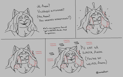 anthro blush braided_hair dialogue eyebrows eyes_closed facial_hair flustered grabbing_face hair male mustache scratching smile solo squeezing squish surprised text thick_eyebrows whiskers amadboii microsoft the_elder_scrolls jorri'kasstii_(amadboii) felid khajiit mammal riftcat_(amadboii) comic english_text monochrome