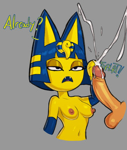 armor balls bangs blue_ears blue_hair bob_cut bodily_fluids breasts cum cumshot dialogue disembodied_penis duo ejaculation erect_nipples erection fangs female female_focus genital_fluids genitals glistening_eyelids hair handjob humanoid_genitalia humanoid_penis male male/female medium_breasts nipples nude open_mouth penile penis sex solo_focus teeth text unimpressed uraeus vambrace vambraces_only yellow_body yellow_inner_ear guillion animal_crossing nintendo ankha_(animal_crossing) domestic_cat felid feline felis mammal 2022 digital_media_(artwork) english_text hi_res