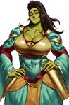 big_breasts breasts cleavage clothed clothing dress female green_body green_skin not_furry scar smile solo tight_clothing tight_dress sotcho humanoid orc absurd_res digital_media_(artwork) hi_res