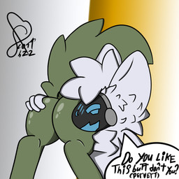 anthro big_butt blue_eyes butt butt_focus butt_grab duo female fur green_body green_fur green_tail hair hand_on_butt looking_at_viewer machine male nude presenting presenting_hindquarters screen screen_face simple_background speech_bubble tail text white_body white_fur white_hair scotthzz hasbro my_little_pony anon equid equine horse mammal pony protogen 1:1