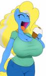 anthro big_breasts blue_body blue_fur breasts carrot clothing cupcake female food fur hair happy multicolored_hair plant solo tongue vegetable angelthecatgirl hasbro my_little_pony fan_character pixie_(character) equid equine horse mammal pony absurd_res hi_res