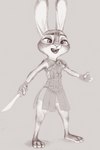 4_fingers anthro armor barefoot buckteeth feet female fingers fur gladiator gladiatrix gladius hand_wraps holding_melee_weapon holding_object holding_sword holding_weapon leather leather_armor melee_weapon open_mouth pteruges simple_background solo standing sword teeth warrior weapon wraps fuchs disney zootopia judy_hopps lagomorph leporid mammal rabbit absurd_res greyscale hi_res monochrome sketch