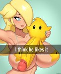 big_breasts big_penis bikini blush breasts clothing duo female genitals huge_penis humanoid_genitalia humanoid_penis hyper hyper_genitalia hyper_penis male nipple_outline not_furry penis swimwear text two-piece_swimsuit drunkavocado mario_bros nintendo super_mario_galaxy rosalina_(mario) human luma mammal 2020 absurd_res digital_media_(artwork) english_text hi_res