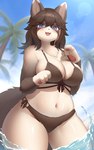 anthro beach big_breasts bikini black_body black_fur breasts clothed clothing eyewear female female_anthro fur glasses hair outside rectangular_glasses solo swimwear tail two-piece_swimsuit water white_body white_fur kemonoyou felid feline felis mammal absurd_res hi_res