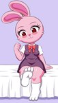 anthro clothed clothing eyelashes feet female footwear fur humanoid_feet looking_at_viewer panties pink_body pink_fur plantigrade red_eyes socks solo thick_thighs toe_socks toes underwear upskirt white_clothing white_panties white_underwear wide_hips huitu_c pink_rabbit_(huitu_c) lagomorph leporid mammal rabbit hi_res