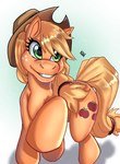 blonde_hair clothing country_girl cowboy_hat cutie_mark female feral freckles fur glistening glistening_teeth green_eyes hair hat headgear headwear quadruped simple_background smile solo tattoo teeth yellow_body yellow_fur darkfang100 friendship_is_magic hasbro my_little_pony applejack_(mlp) equid equine horse mammal pony absurd_res hi_res