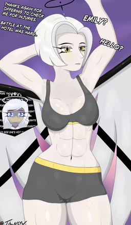 abs after_battle athletic athletic_female athletic_humanoid bedroom_eyes belt biceps big_breasts black_eyebrows black_halo black_lips blood blush blush_lines bob_cut bodily_fluids body_blush body_worship bottomwear boxers_(clothing) bra breast_blush breasts camel_toe cleavage cleavage_cutout clothed clothed/clothed clothing colored_blood curvy_figure cutout damaged_clothing deep_cleavage dialogue duo embarrassed embarrassed_expression embarrassing_exposure embarrassing_nudity emotionless exposed exposed_belly eyebrows eyelashes eyeliner feathered_wings feathers female female/female gay_panic glistening glistening_body glistening_breasts glistening_eyes glistening_skin golden_clothing grey_body grey_boxers grey_bra grey_breasts grey_clothing grey_hair grey_skin grey_sports_bra grey_underwear grey_wings hair halo halo_ring heaven hourglass_figure legwear lips long_hair looking_at_another looking_at_viewer makeup markings medium_breasts midriff muscle_tone muscle_worship muscular muscular_arms muscular_female muscular_humanoid muscular_thighs narrowed_eyes navel nipple_outline not_furry pale-skinned_female pale_skin panicked_look panicking pose purple_background purple_eyes scratches seductive shirt short_hair simple_background sport sports_bra sportswear standing striped_wings stripes surprised text thick_thighs thoughts topwear underwear undressed unusual_blood unusual_bodily_fluids voluptuous voluptuous_female voluptuous_humanoid wardrobe_malfunction white_body white_breasts white_hair white_skin wide_hipped_female wide_hipped_humanoid wide_hips wings yellow_eyes tibunsfw hazbin_hotel hellaverse helluva_boss emily_(hazbin_hotel) lute_(hazbin_hotel) angel angel_humanoid humanoid winged_humanoid 2026 absurd_res artist_name digital_drawing_(artwork) digital_media_(artwork) english_text hi_res shaded signature