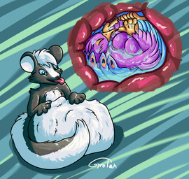 abdominal_bulge anthro anthro_pred anthro_prey avian_feet beak biped blue_body bodily_fluids duo eyes_closed feathered_crest feathered_wings feathers femboy green_eyes head_crest internal male male_pred male_prey organs pink_body same_size_vore stomach stomach_acid tail tail_feathers tongue tongue_out vore winged_arms wings gyrotech gyro_feather avian bird galliform mammal mephitid peafowl phasianid skunk hi_res