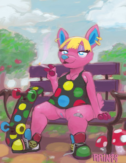 anthro bandage bench biped blonde_hair blue_eyes bottomless breasts casual_exposure cigarette clothed clothing exposed eyelashes female footwear genitals hair looking_at_viewer nipple_outline no_underwear open_mouth outside pink_body public shortstack sitting skateboard smoking solo topwear vehicle vulva rain420 animal_crossing nintendo fuchsia_(animal_crossing) deer mammal 2019 absurd_res digital_media_(artwork) hi_res