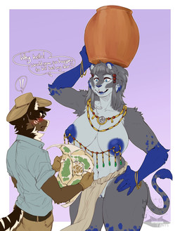accessory anthro beads big_breasts blue_body blue_eyes blue_fur blue_nipples blue_nose blue_spots blush bodily_fluids bottomwear bracelet breasts brown_body brown_bottomwear brown_clothing brown_fur brown_hair brown_pants clothed clothed_anthro clothed_male clothing dialogue duo eyebrows female fingerless_gloves fur genitals gloves gold_(metal) grey_body grey_clothing grey_fur grey_hair grey_shirt grey_topwear hair hair_accessory hair_beads hand_on_hip handwear hat headgear headwear historical_clothing holding_map inner_ear_fluff jewelry larger_female loincloth male map mostly_nude_anthro mostly_nude_female multicolored_body navel necklace nipple_dip nipple_piercing nipple_ring nipples pants piercing pot_on_head pottery ring_piercing sagging_breasts shirt shocked size_difference speech_bubble spots sweat text thick_thighs topwear tuft two_tone_body vulva hyucaze frost_endwood_(lsmfx1) hyu_(hyucaze) canid mammal 2024 digital_drawing_(artwork) digital_media_(artwork) english_text hi_res signature watermark