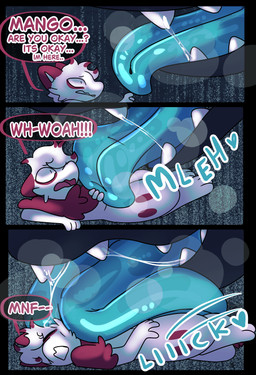 anthro blue_tongue cheek_tuft dialogue duo facial_tuft fur hair licking macro makeup multicolored_body multicolored_fur multicolored_hair pupils red_hair size_difference slit_pupils text tongue tongue_out tuft white_body white_fur white_hair halfpricesouls nintendo pokemon mango_(halfpricesouls) zoro_(halfpricesouls) generation_3_pokemon generation_8_pokemon hisuian_form hisuian_zorua mawile pokemon_(species) regional_form_(pokemon) absurd_res comic english_text hi_res