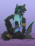 3_toes anthro arm_by_side arm_fins arm_on_knee arm_on_leg arm_support bent_legs bioluminescence black_sclera bottomwear claws clothed clothing clothing_lift dorsal_fin elbow_on_knee elbow_on_leg eye_markings feet feet_together_knees_apart fin fin_frill frill_(anatomy) genitals gills glans glowing gold_(metal) gold_jewelry grey_body head_fin humanoid_genitalia humanoid_penis jewelry knee_pulled_up latex latex_bottomwear latex_clothing latex_shorts latex_underwear male markings membrane_(anatomy) multicolored_penis penis planted_leg purple_eyes purple_glans raised_clothing raised_shirt raised_topwear shark_tail shirt shirt_in_mouth shirt_lift shorts sitting snaggle_tooth solo spread_legs spreading straight_arm tank_top toe_claws toes topwear two_tone_penis underwear webbed_feet webbed_hands raiyk fass fish marine rhaall 2020 absurd_res digital_media_(artwork) hi_res