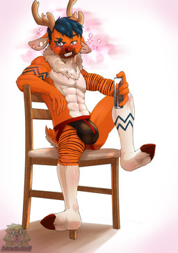 alcohol anthro beverage blue_hair blush bulge chair clothed clothing drunk fur furniture hair jockstrap jockstrap_only male on_chair orange_body orange_fur saturdaii sitting sitting_on_chair smile smiling_at_viewer smirk smirking_at_viewer solo substance_intoxication topless underwear underwear_only arieru_the_fox deer mammal new_world_deer reindeer hi_res