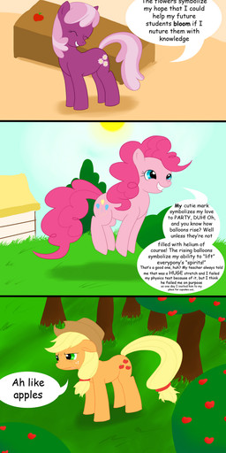 apple blonde_hair blue_eyes clothing cloud cowboy_hat cutie_mark desk dialogue female feral food freckles fruit fur furniture green_eyes group hair hat headgear headwear pink_body pink_fur pink_hair plant quadruped sky sun table tail text tree wood air6ornepig friendship_is_magic hasbro my_little_pony applejack_(mlp) cheerilee_(mlp) pinkie_pie_(mlp) earth_pony equid equine horse mammal pony 2011 comic english_text hi_res