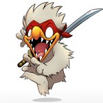 anthro beak female fur happy jumping melee_weapon simple_background smile solo sword teeth toothed_beak weapon white_eyes superbinario nuclear_throne chicken_(nuclear_throne) avian bird chicken galliform gallus_(genus) phasianid 1:1 hi_res