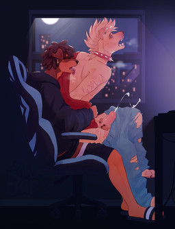 alternative_fashion anthro anthro_on_anthro arm_scar back_lick bodily_fluids bottomwear brown_body chair clothing collar cum cumshot denim denim_bottomwear denim_clothing detailed_background dreadlocks duo ejaculation erection eyes_closed furniture gaming_chair genital_fluids genitals handjob handjob_while_penetrating hoodie humanoid_genitalia humanoid_penis jeans leg_scar licking licking_back looking_pleasured male male/male male_anthro night open_mouth pants penetration penile penis scar scars_all_over self-harm_scars sex simple_background sitting sitting_on_another spiked_collar spikes tan_body thigh_scar tongue tongue_out topwear torn_bottomwear torn_clothing torn_jeans torn_pants window mrbarx bird_dog canid canine canis dobermann domestic_dog hunting_dog labrador mammal pinscher retriever hi_res