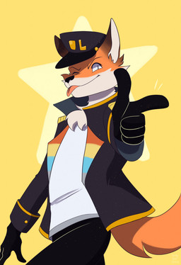 :3 anthro biped black_body black_bottomwear black_clothing black_fur black_hat black_headwear black_pants bottomwear chest_tuft clothed clothed_anthro clothed_male clothing countershading fur gesture hand_gesture hat headgear headwear humanoid_hands jacket male male_anthro one_eye_closed orange_body orange_fur pants pointing shirt simple_background smile solo standing star tail tongue tongue_out topwear tuft white_body white_clothing white_countershading white_fur white_shirt white_topwear wink yellow_background bettyfell dream_smp fundy canid canine fox mammal red_fox true_fox 2022 cel_shading digital_drawing_(artwork) digital_media_(artwork) hi_res shaded