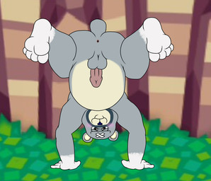 4_fingers 4_toes anthro anus balls bandage bedroom_eyes belly biceps big_belly big_butt biped black_body black_nose blush butt countershade_face countershade_torso countershading erection eyebrows facial_markings feet fingers genitals glans gloves_(marking) grass grey_balls grey_body grey_tail hair half-closed_eyes handstand head_markings humanoid_feet humanoid_genitalia humanoid_hands humanoid_penis leg_markings looking_at_viewer male markings multicolored_body muzzle_(marking) narrowed_eyes nude outside overweight overweight_anthro overweight_male penis perineum photo_background pink_anus pink_glans pink_penis plant plantigrade presenting presenting_anus presenting_hindquarters presenting_penis seductive short_hair smile snout snout_markings socks_(marking) soles solo tail tan_body tan_countershading thick_thighs toes unibrow upside_down white_body brauner_(artist) animal_crossing nintendo curt_(animal_crossing) american_black_bear bear black_bear mammal ursine 2015 digital_drawing_(artwork) digital_media_(artwork) full-length_portrait photography_(artwork) portrait