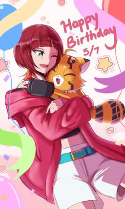 anthro belt blush bottomwear clothing crop_top duo female fur green_eyes hug jacket one_eye_closed orange_body orange_fur shirt shorts size_difference smile topwear doodledigi bandai_namco digimon digimon_beatbreak reina_sakuya digimon_(species) human mammal pristimon 3:5 absurd_res hi_res