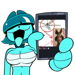 anthro black_nose blue_body blue_ears blue_hair blue_tongue breasts cellphone cleavage clothed clothed_anthro clothed_female clothing collar crop_top electronics fangs female female_anthro front_view hair hair_over_eyes holding_cellphone holding_object holding_phone holding_smartphone humor light_crop_top midriff navel open_mouth open_smile phone presenting shirt simple_background smartphone smile solo teal_collar teeth tongue topwear white_background white_clothing white_crop_top white_topwear goommymuffin discord_(app) goommy_(goommymuffin) domestic_cat felid feline felis ghost mammal spirit 1:1 2025 digital_drawing_(artwork) digital_media_(artwork) half-length_portrait hi_res meme portrait