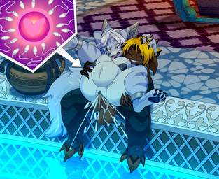 3_toes 4_fingers 4_toes anklet anthro anthro_on_anthro anthro_penetrated anthro_penetrating anthro_penetrating_anthro areola balls barbell_piercing big_balls big_breasts big_penis black_areola black_nipples black_nose black_vulva blonde_hair blue_body blue_fur blue_nose blue_pawpads bodily_fluids breasts claws clitoris clitoris_piercing cum cum_in_vagina cum_inflation cum_inside duo ejaculation eyes_closed feet female female_penetrated finger_claws fingers frenum_piercing fur genital_fluids genital_piercing genitals grin hair hindpaw humanoid_hands impregnation inflation interspecies interspecies_impregnation jewelry male male/female male_penetrating male_penetrating_female navel nipple_barbell nipple_piercing nipples nude nude_anthro nude_female nude_male ovum ovum_with_heart pawpads paws penetration penile penile_penetration penis penis_in_vagina penis_piercing piercing red_body red_fur sex silver_(metal) silver_anklet silver_jewelry sitting smile sperm_cell spread_legs spreading tail teeth toe_claws toes tongue tongue_out vaginal vaginal_penetration vulva water white_hair cheese_cake blizzard_entertainment guild_wars warcraft kajjex asura canid mammal vulpera crossover hi_res story story_in_description