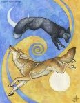 abstract_background ambiguous_gender duo feral moon quadruped simple_background spiral sun tail yin_yang yin_yang_symbolism hkluterman kyoht_luterman european_mythology mythology norse_mythology hati_(mythology) skoll_(mythology) canid canine canis coyote fox mammal red_fox silver_fox true_fox 2003 colored_pencil_(artwork) traditional_media_(artwork)