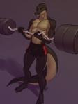 anthro barbell barefoot bicep_curl biped bulge clothed clothing exercise feet male muscular muscular_anthro muscular_male nipples simple_background solo standing tail topless weightlifting workout ldr alligator alligatorid crocodilian reptile scalie 3:4 absurd_res digital_media_(artwork) hi_res