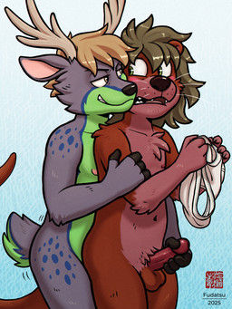 anthro antlers bedroom_eyes black_nose black_text blonde_hair blue_background blush briefs brown_hair claws clothed clothing detailed_background duo erection fondling fur genitals green_body green_fur grey_eyes hair holding_clothing holding_object holding_underwear horn male male/male markings monotone_briefs monotone_clothing monotone_underwear motion_lines narrowed_eyes nipples nude open_mouth open_smile penis penis_grab pink_body pink_fur red_body red_fur seductive simple_background smile spots spotted_markings tail tail_motion tailwag teeth_showing text tighty_whities underwear whiskers white_briefs white_clothing white_underwear fudatsu sauksauk aquatic deer mammal mustelid otter 2025 3:4 hi_res