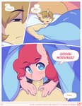 2015 anthro anthrofied bed blue_eyes bodily_fluids chromapan comic digital_media_(artwork) donut_joe_(mlp) duo earth_pony english_text equid equine erection fellatio female female_penetrated first_person_view friendship_is_magic fur furniture genitals hair half-closed_eyes hasbro horn horse humanoid_genitalia humanoid_penis inside looking_at_viewer male male/female male_penetrating male_penetrating_female mammal my_little_pony mythological_creature mythological_equine mythology narrowed_eyes open_mouth oral oral_penetration penetration penile penis pillow pink_body pink_fur pink_hair pinkie_pie_(mlp) pony saliva sex sleep_sex sleeping text tongue unicorn vein