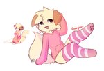 ambiguous_gender anthro blush clothing fangs hoodie leg_warmers legwear paws raised_leg sitting solo sweater teeth topwear conditional_dnp goobysart voidphanties jordyn_(goobysart) canid canine canis domestic_dog mammal absurd_res hi_res nonbinary_(lore)