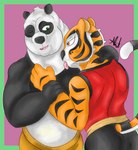 amber_eyes anthro black_body black_fur clothing duo female fur green_eyes licking male male/female orange_body orange_fur red_clothing romantic romantic_couple smile tongue tongue_out notamo dreamworks kung_fu_panda master_po_ping master_tigress bear felid giant_panda mammal pantherine absurd_res hi_res