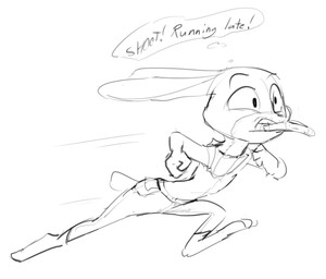 anthro bread clothed clothing dialogue female food mouth_hold running simple_background solo text thought_bubble toast dotkwa disney zootopia judy_hopps lagomorph leporid mammal rabbit black_and_white english_text monochrome sketch