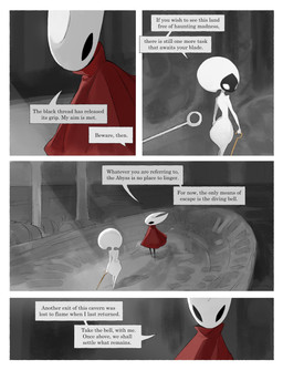 anthro biped black_body black_eyes cave cloak clothing detailed_background dialogue duo empty_eyes eye_contact female female_anthro female_humanoid hornet's_needle looking_at_another mouthless red_cloak red_clothing speech_bubble talking_to_another text white_body white_eyes darkdog hollow_knight:_silksong hollow_knight_(franchise) team_cherry hornet_(hollow_knight) lace_(hollow_knight:_silksong) arthropod humanoid 2025 absurd_res comic digital_drawing_(artwork) digital_media_(artwork) english_text hi_res